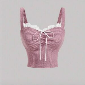 Ribbed Lace-Trim Bow Front Crop Top - Mauve Pink